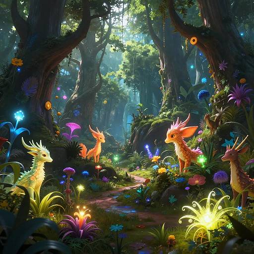 Digital fantasy art: Enchanted forest with luminescent, colorful, mythical creatures standing among glowing flowers and bioluminescent plants, under sunlight