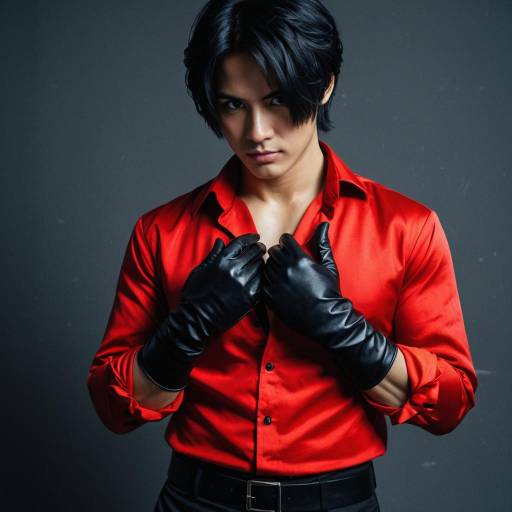 Young Man in Red Shirt and Black Gloves