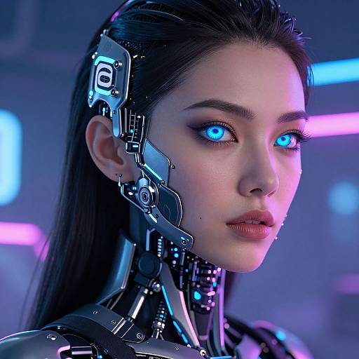 Digital artwork of a cybernetic woman with glowing blue eyes, sleek metallic headgear, and futuristic background in vibrant blue and purple hues.