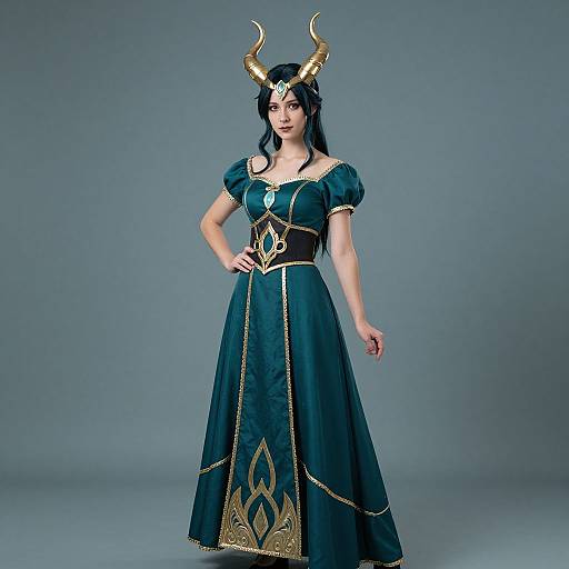 Photograph of a woman in a blue, medieval-style dress with gold trim, black belt, and gold horns, standing against a gray background.