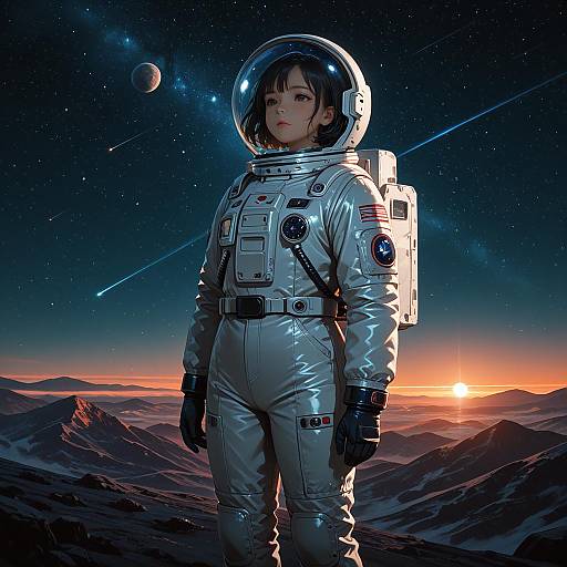 Female Astronaut in Spacesuit on Alien Mountain at Sunset