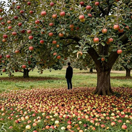 Photograph of a lone figure in black standing among a lush apple orchard with abundant red and yellow apples on the ground and trees.