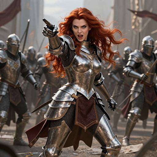 Digital artwork of a fierce red-haired woman in gleaming medieval armor, pointing a gun, leading a group of armored warriors in a dusty, war-t