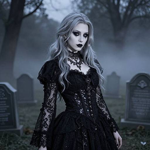 Gothic photograph of a pale, long-haired woman with dark lipstick, wearing a black lace dress, standing in a foggy cemetery.