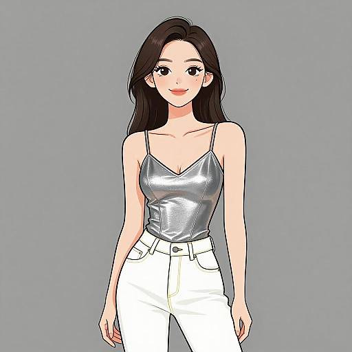 Chic Smiling Woman in Silver Camisole