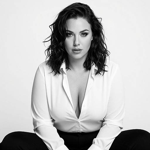 Black-and-white photograph of a confident, curvy woman with wavy dark hair, wearing a low-cut white blouse and black pants, sitting against a