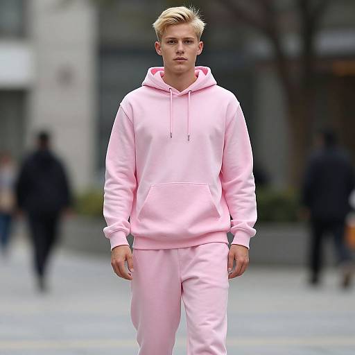 Photograph of a young, blonde Caucasian man with fair skin, wearing a light pink hoodie and matching pants, walking down a city street with blurred background