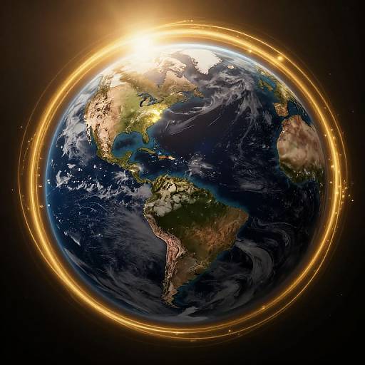 Photorealistic digital image of Earth with vivid continents, oceans, and swirling clouds, encircled by a glowing golden ring against a black space background