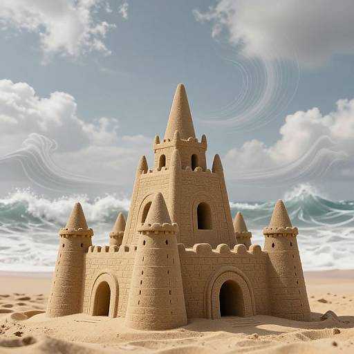 Photograph of a detailed sandcastle with multiple turrets and arched entrances, set on a sunny beach with waves and cloudy sky.