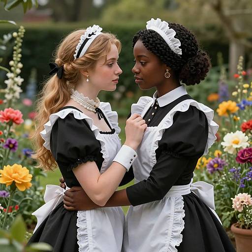 Photograph of two women in black and white French maid outfits, standing in a vibrant garden, gazing at each other, with colorful flowers in the