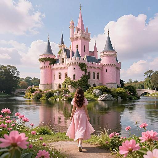 Photograph of a young girl in a pink dress, facing a pink, fairy-tale castle with towers, reflected in a serene pond, surrounded by