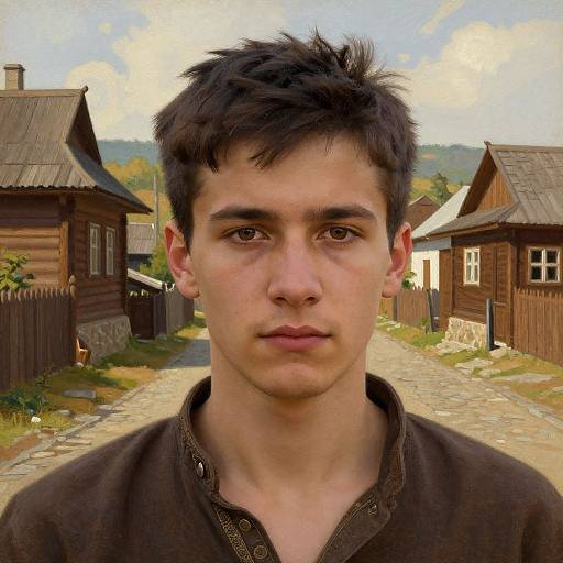Photorealistic portrait of a young, fair-skinned man with short, dark hair, brown eyes, and neutral expression, standing in a rustic village
