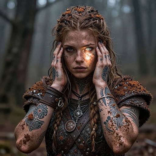 Photograph of a tattooed, wild-haired woman with glowing eye, mud-covered face, and intricate armor, standing in a misty forest.