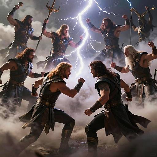 Photograph of muscular, long-haired warriors with leather and metal armor, clashing in a dramatic lightning-filled, smoke-filled battlefield. Intense action,