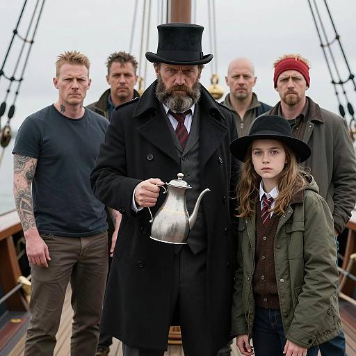 Group on Ship with Bearded Man Holding Jug