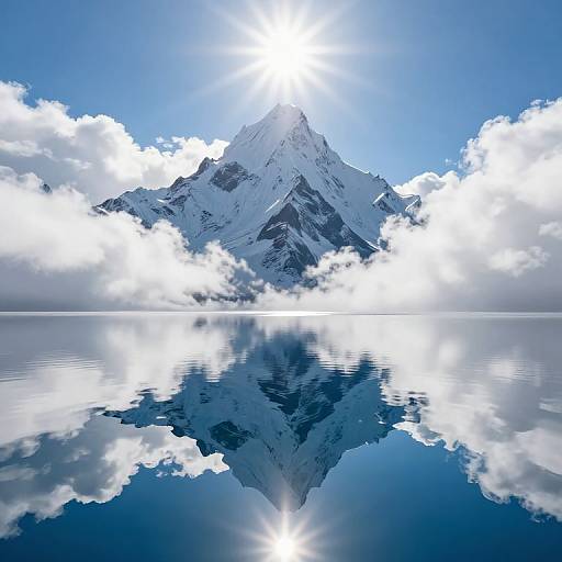 Photograph of a snow-capped mountain reflected in a still, mirror-like lake, with bright sun rays shining above and fluffy clouds surrounding.