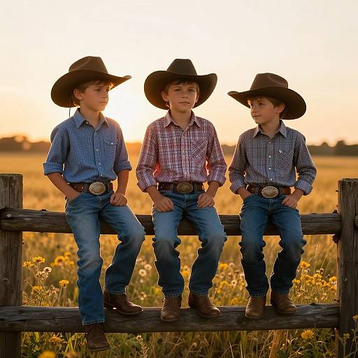 Cute Cowboy Boys at Sunset Fence