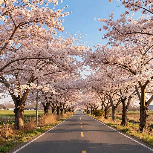 Photograph of a straight, narrow road lined with cherry blossom trees in full bloom, under a clear blue sky.