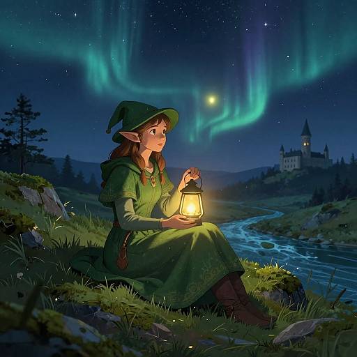 Elf with Lantern Under Starry Night