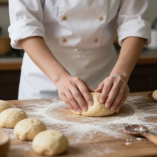 Photograph of a chef's hands rolling dough on a flour-dusted wooden countertop, wearing a white double-breasted jacket, with three dough balls