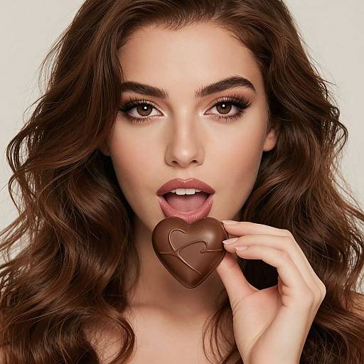Photograph of a beautiful woman with long, wavy brown hair, fair skin, and brown eyes, sensually biting a chocolate heart with a heart