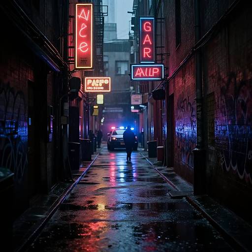 Neon-lit, rainy urban alleyway photograph with vibrant red, blue, and white neon signs, wet pavement, and a police car in the