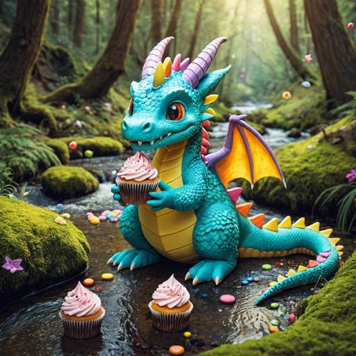 Cute Blue Dragon with Cupcakes in Forest Stream