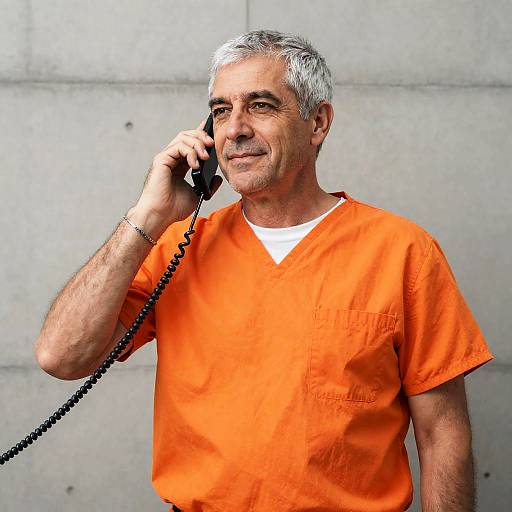 Middle-aged Man in Orange Prison Shirt on Corded Phone