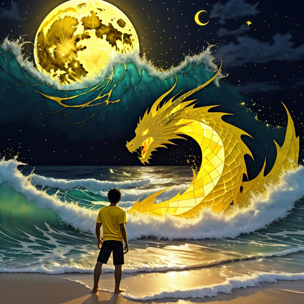 Dragon Moon Over Stormy Ocean Scene