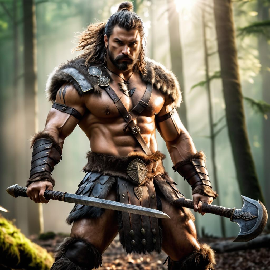 Fierce Barbarian in Forest Battle Scene