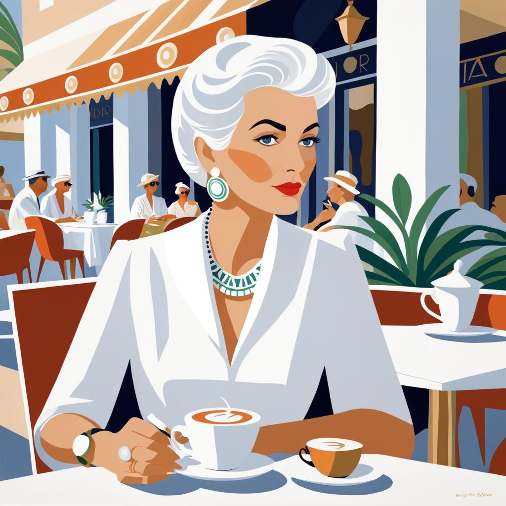 Chic Older Woman in Greek-Inspired Cafe