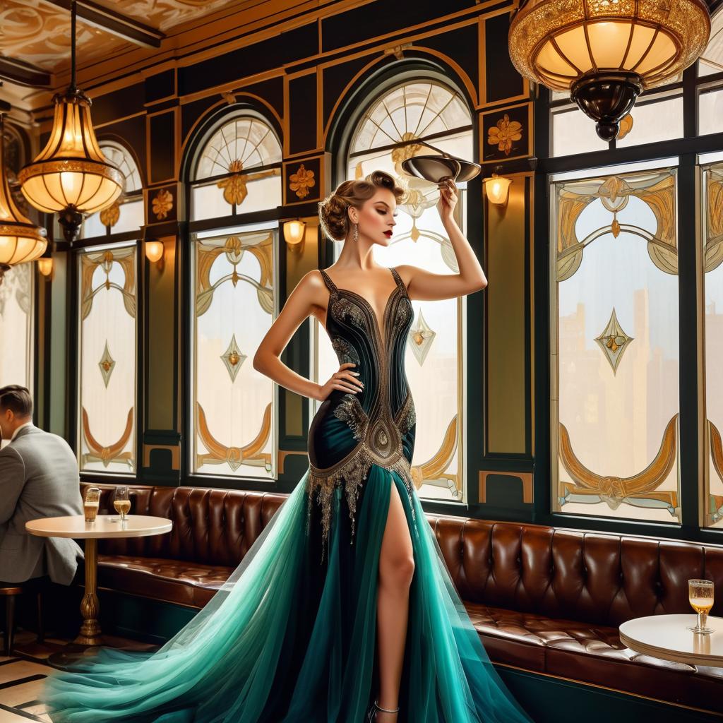 Elegant Woman in Art Nouveau Cafe