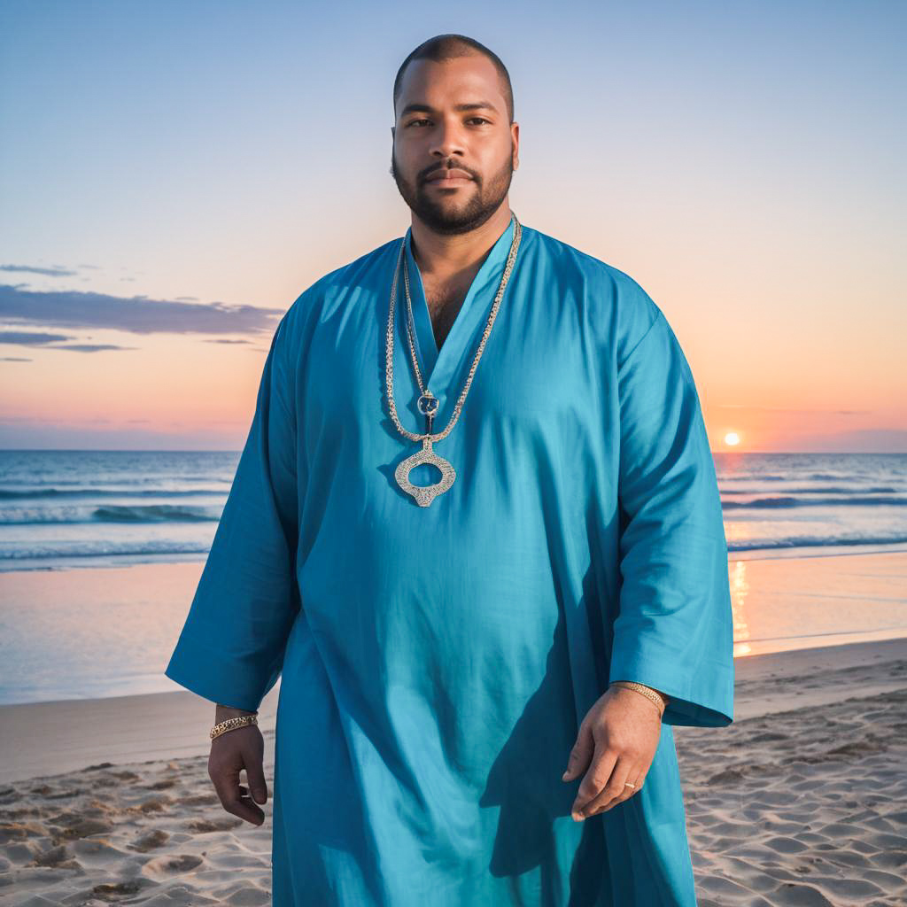 Curvy Man in Cerulean Robe at Sunset