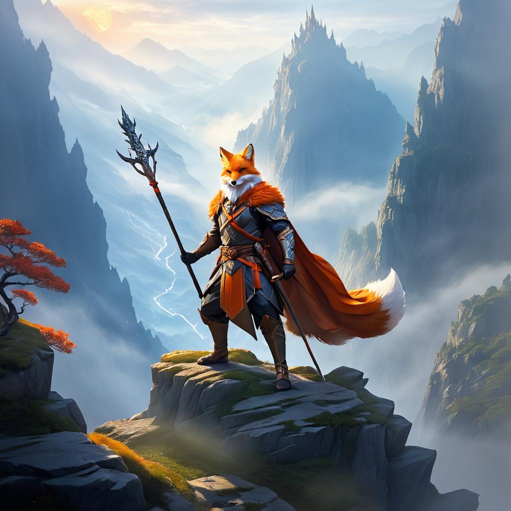 Heroic Fox Warrior on a Misty Cliff