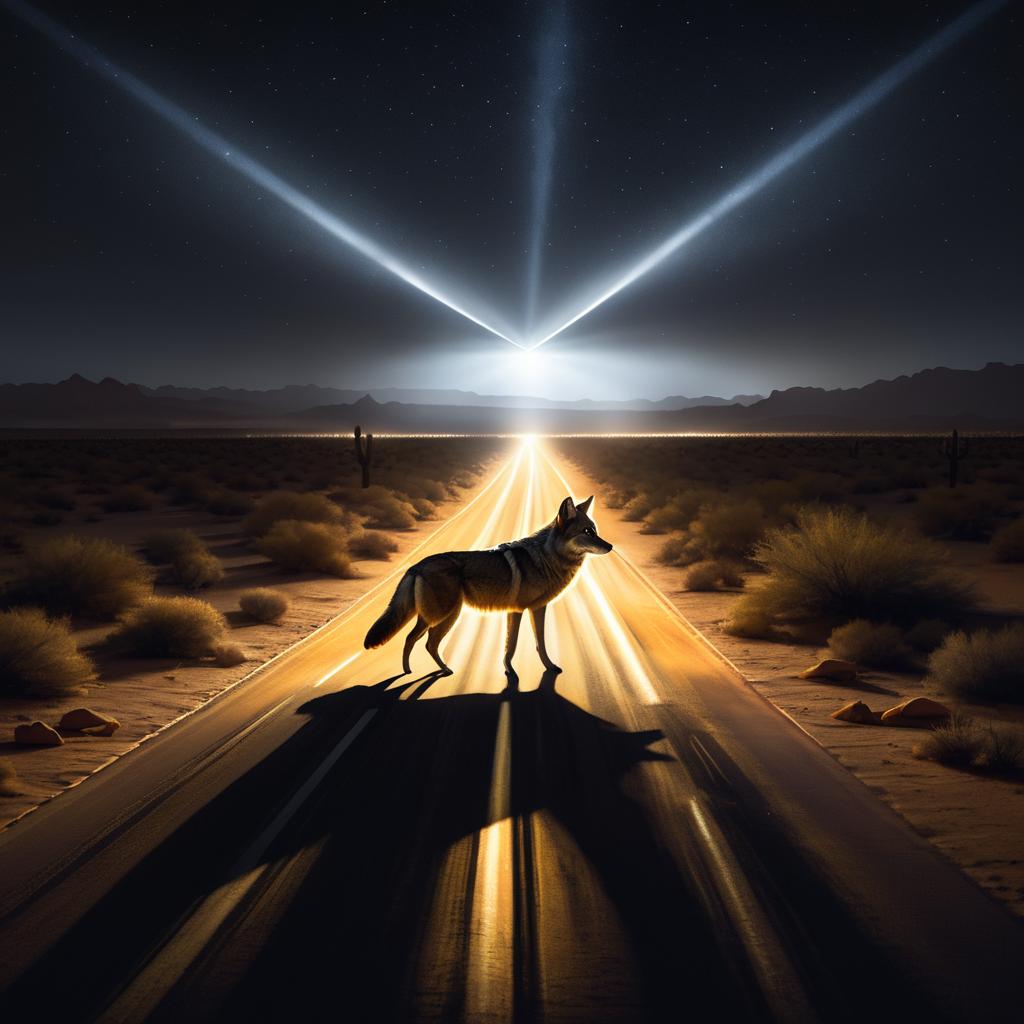 Cautious Coyote on a Desert Road