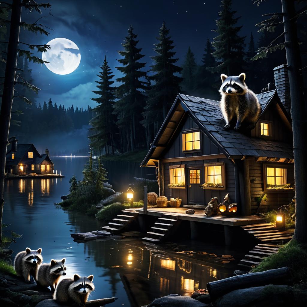 Raccoons Raiding Lakeside Cottage at Night