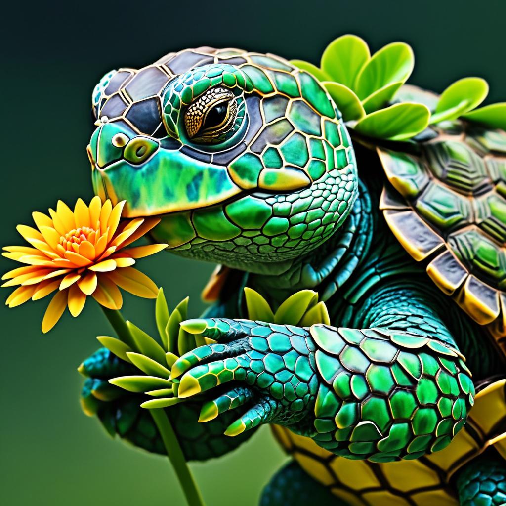 Turtle with a Flower: Detailed Nature Art