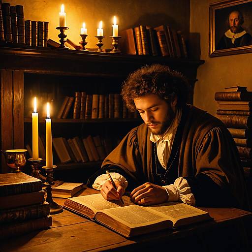 Candlelit Scholar Writing by Antique Books