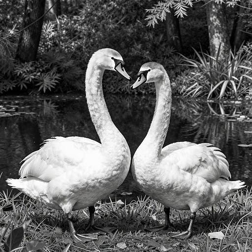 Black-and-white photograph of two elegant swans with curved necks standing close together on grass, facing each other, with a reflective pond and trees in
