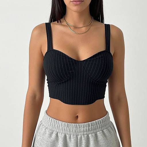 Photograph of a young woman with light brown skin, long black hair, wearing a black pinstripe crop top, gray sweatpants, and a