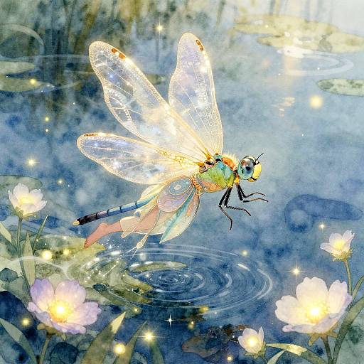 Digital painting of a glowing, iridescent dragonfly with translucent wings, hovering over a sparkling blue pond surrounded by white flowers and twinkling lights.