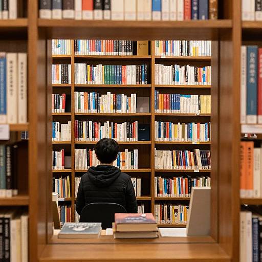 Photograph of a person with short black hair, wearing a black hoodie, sitting at a wooden desk, facing a large, colorful bookshelf filled with