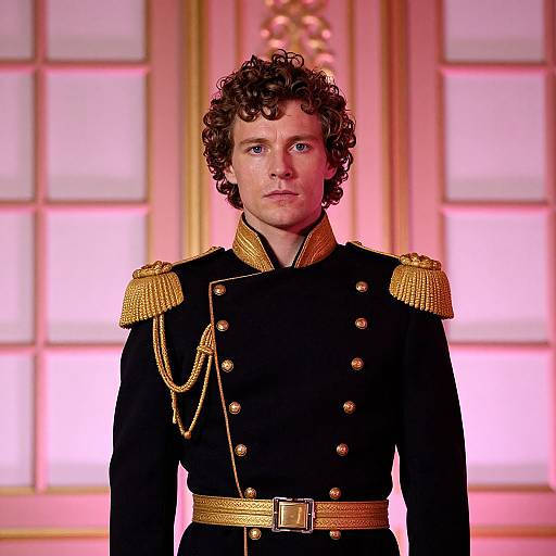 Photograph of a curly-haired man in a black military uniform with gold epaulettes and chain, standing in front of a pink-lit,