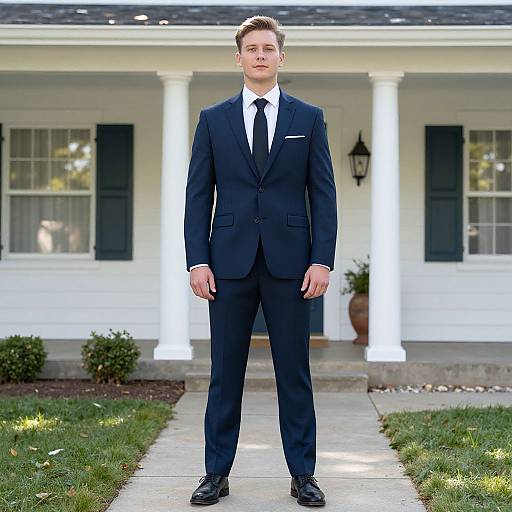 Photograph of a young, Caucasian man with short blonde hair, wearing a dark navy suit, white shirt, and black tie, standing on a concrete