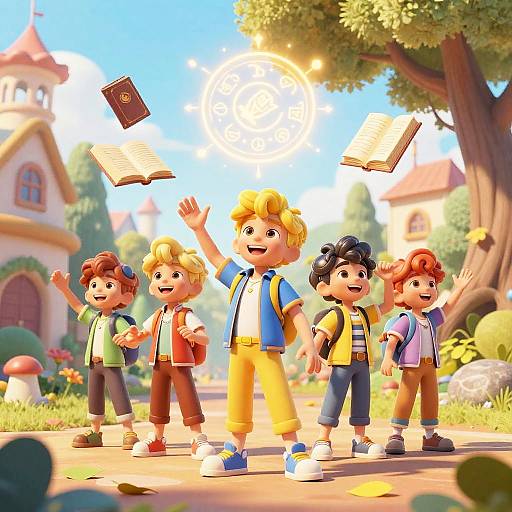 CGI cartoon of six cheerful children with diverse hair colors and outfits, floating books, standing in a sunlit, tree-filled park.