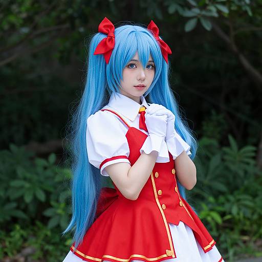 Photograph of an Asian woman with long blue hair, red ribbons, and a red and white anime-style outfit, standing outdoors with dark green foliage