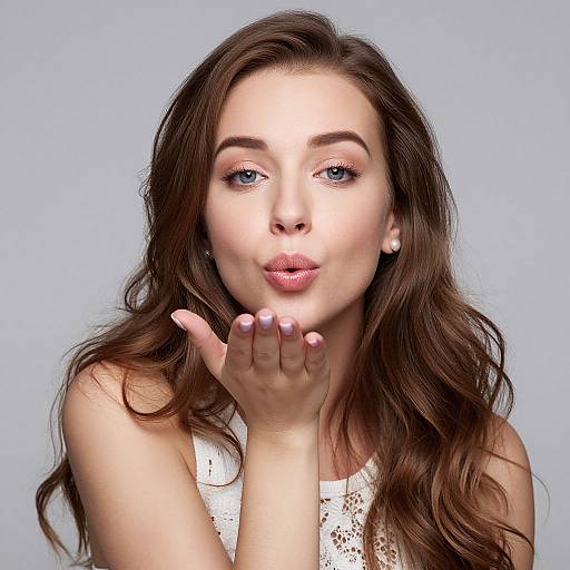 Photograph of a fair-skinned woman with long, wavy brown hair, blue eyes, and pink lips, blowing a kiss with her right hand