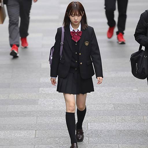 Asian Schoolgirl Walking on Pavement