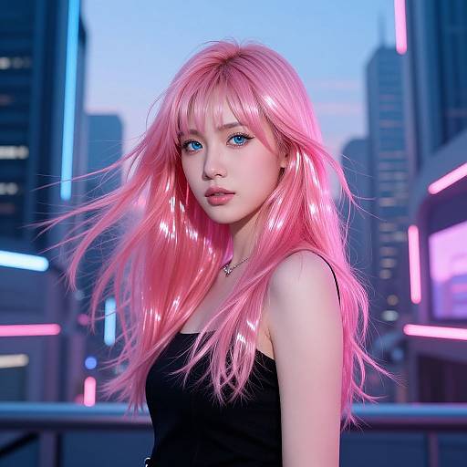 Digital artwork of a young woman with vibrant pink hair, blue eyes, and fair skin, wearing a black top, standing in a neon-lit city