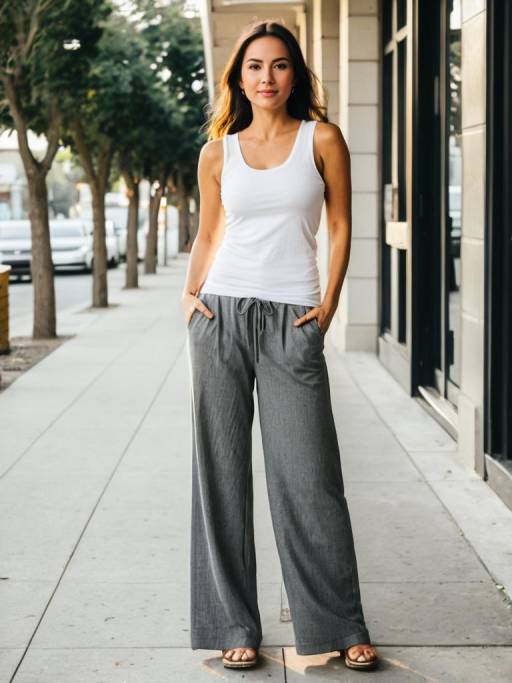 Woman in White Tank Top and Wide Grey Pants on Sidewalk